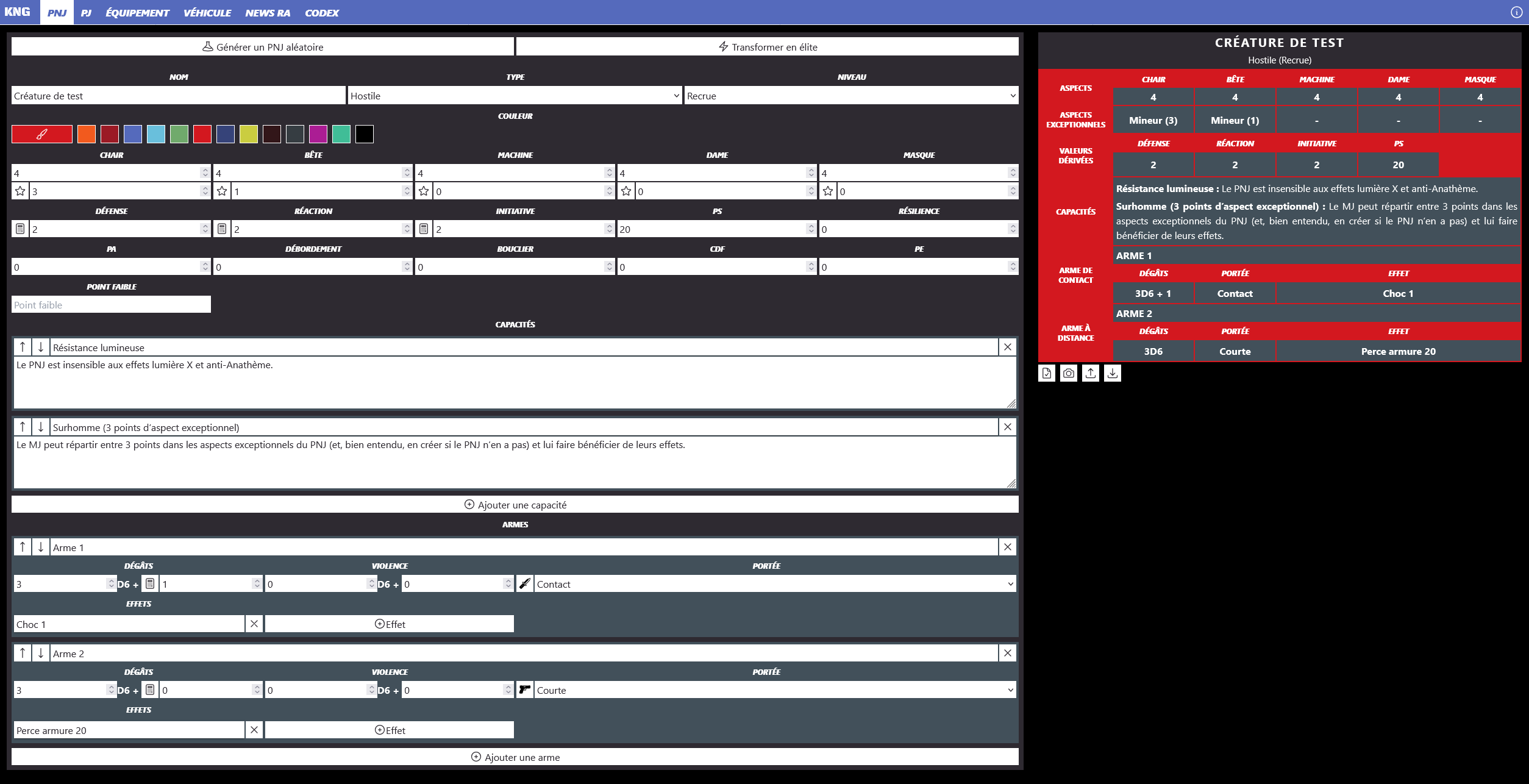 Capture d'écran de l'application Knight NPC Generator